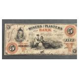 1862 Five Dollar Miners And Planters Bank Note