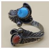 Sterling Turquoise Red Coral Ring Sz 7.5