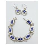 Sterling Porcelain Blue Flower Bracelet And