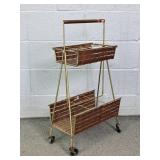 Mid Century Woven Wood & Metal Rolling Bev Cart