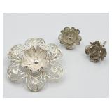 Sterling Filigree  Brooch Pin And Earrings Tw