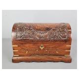 Carved Wood Jewelry Box W/ Brass Inlay