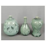 3x The Bid Celadon Vases W/ Cranes