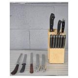 Assorted Kitchen Knives & Butcher Block 16 Pc