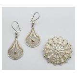 Sterling Filigree Brooch Pin & Pierced Earrings