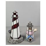 2 Pc Lot Leaded Slag/ Stain Glass Lighthouse Lamps