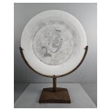 Large Pottery Art Plate On Wrought Iron Stand