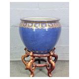 Lg Gold Embossed Porcelain Planter On Wood Stand