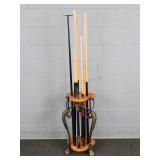 Wrought Iron & Wood Cue Stick Holder & Sticks