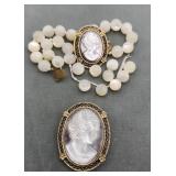 Mother Of Pearl Cameo Brooch Pin And Matching