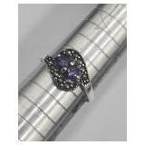 Sterling Silver Amethyst Marcasite Ring Sz 6.5