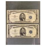Lot Of 2 - $5 Blue Seal Silver Certificates