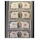Lot Of 4 - $2 Red Seal Bearer Notes