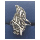 Sterling Silver Marcasite Leaf Ring Sz 6