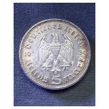 1936 3rd Reich 5 Reichmarks Germany .900 Silver