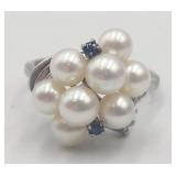 Sterling Silver Pearl  & Sapphire Sz 6 Ring