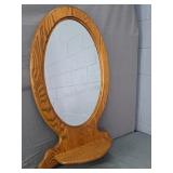 Vintage Oval Oak Frame Wall Hung Mirror W/ Shelf