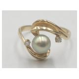 14k Yellow Gold Pearl & Diamond Sz 10 Ring Tw