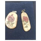 2 Scrimshaw Floral Pendants With Paperwork