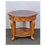 Carved Wood Glass Top Round Side Table