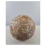 Folk Art Concrete Sphere With Copper Pennies