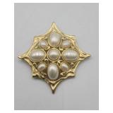 Signed Tat Faux Pearl Brooch Pin