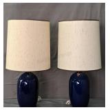 Pair Navy Blue Porcelain Table Lamps W/ Shades