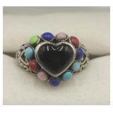 Sterling Silver Onyx Turquoise Coral Heart Ring