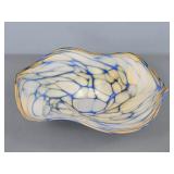 Handblown Art Glass Bowl Blue & Amber Colored Web
