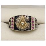 Menï¿½s Masonic Sterling Silver W/ Gold, Ruby