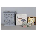 4 Pc Lot Cat Tiles, Carved Figure, & Trinket Box