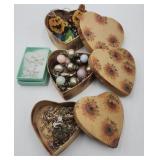 3 Heart Boxes Filled With Costume Jewelry