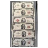 Lot Of 6 Red Seal $2 Bearer Notes