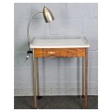 Midcentury 2 Drawer Rolling Oak & Metal Work Table