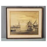Vintage Palerna Nautical Scene Framed Oil On Canva