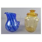 2x The Bid Blue Glass Swirl Pitcher Amber Canister