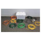 Lot Of Asst Drop Cords & Timers W/ Storage Tote