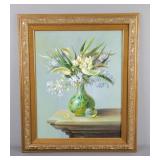 Floral Bouquet/ Green Vase In Gold Frame