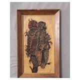 Mid Century Wood Frame Etched Wood Owls