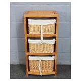 3 Tier Pine & Wicker Stand W/ Wicker Baskets