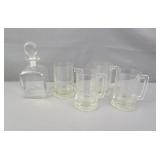 5 Pc Decanter & Mug W/ Ship Etched On Glass