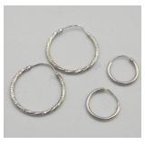 2 X Bid 10k White Gold Hoop Pierced Earrings Tw
