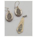 Vintage Hand-inked Tagua Nut Scrimshaw Sailing
