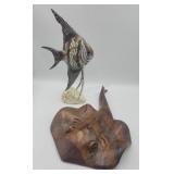 2 X Bid Wooden Angelfish W/ Glass Eyes And Carved