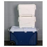 3x The Bid Large Rolling Cooler & 2 Small Coolers
