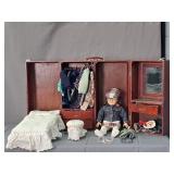Vintage Solid Wood Folding Doll Case W/ Doll
