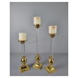 3 Pc Tall Glass & Brass Candle Holders