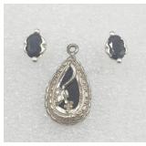 Sterling Silver Onyx Pendant And Pierced Earrings