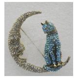 New Cat On The Moon Rhinestone Brooch Pin 2.5in