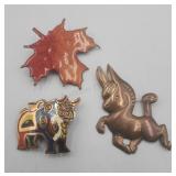 Vintage Copper Donkey And Bull  Brooches Pins And
